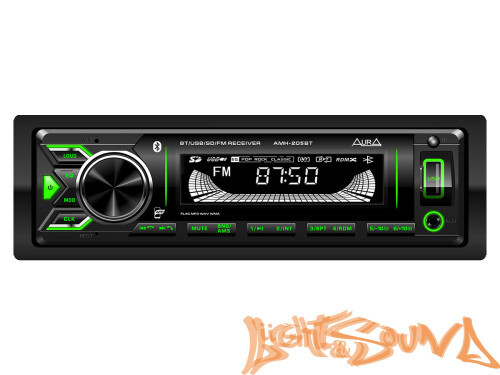 Aura AMH-205BT USB-ресивер, 4x51w, USB SD/FM/AUX/BT, 2 RCA, зелёная подсветка, съёмная рамка