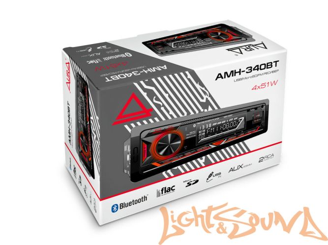 Aura AMH-340BT USB-ресивер, 4x51w, USB SD/FM/AUX/BT, 2 RCA, VA дисплей, красная подсветка