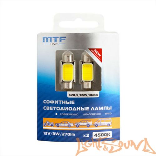 Лампа светодиодная MTF Light, C5W/SV8.5/36mm, 12V, 3W, 270 люмен, 4500К, COB LED, 2шт